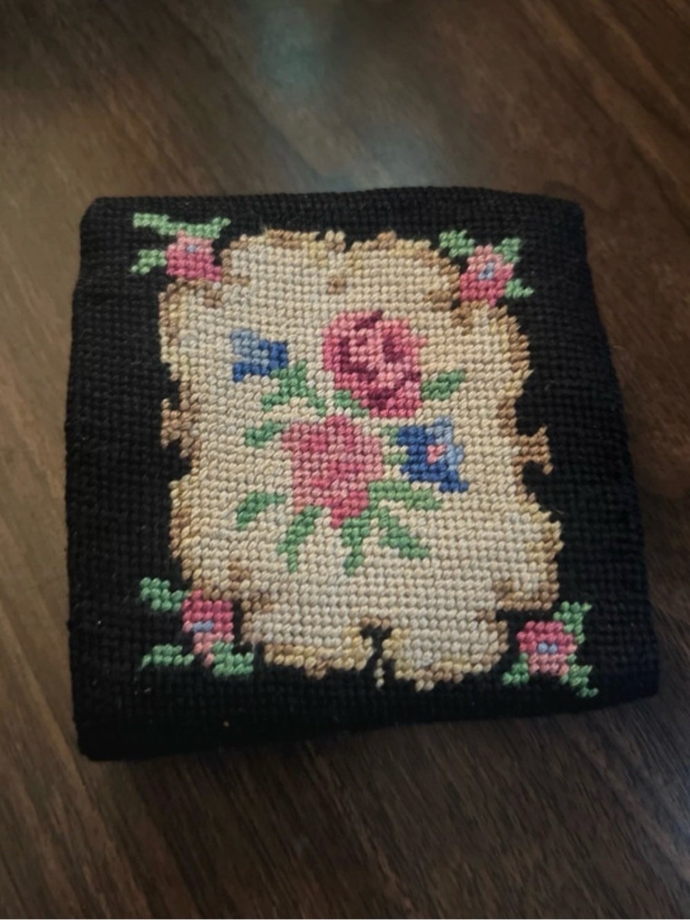 Hand-Embroidered Floral Needlepoint Coin Purse - Black and Pink